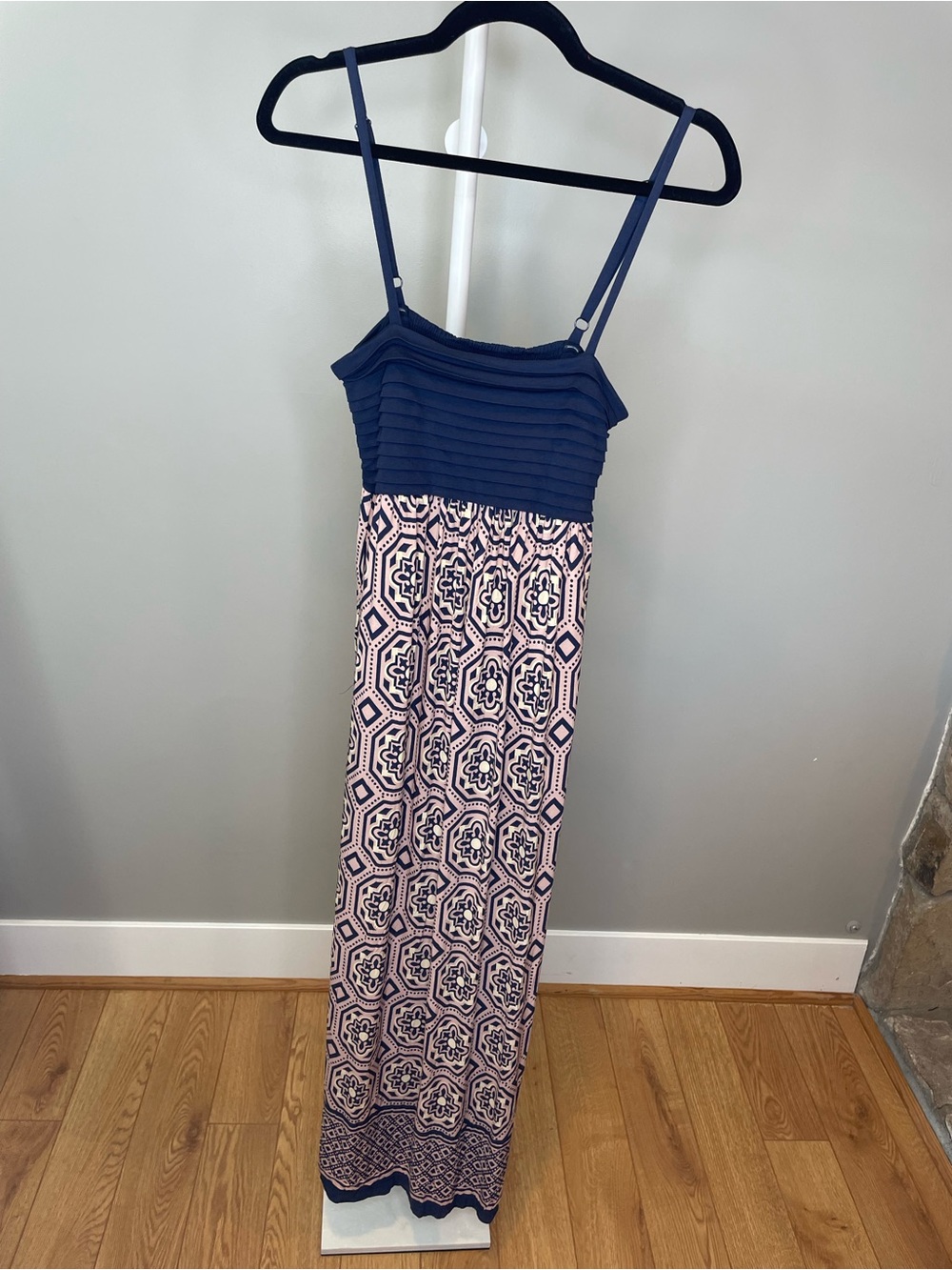 Lilka Navy and Blush Geometric Cotton and Rayon Maxi Dress - XS